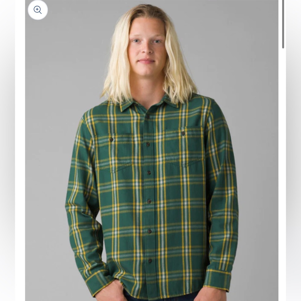 PrAna Dolberg flannel shirt in soft pine color standrd small green plaid NWT $79